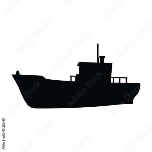 Black silhouette of a fishing boat trawler vessel ship transport maritime nautical ocean sea travel vector