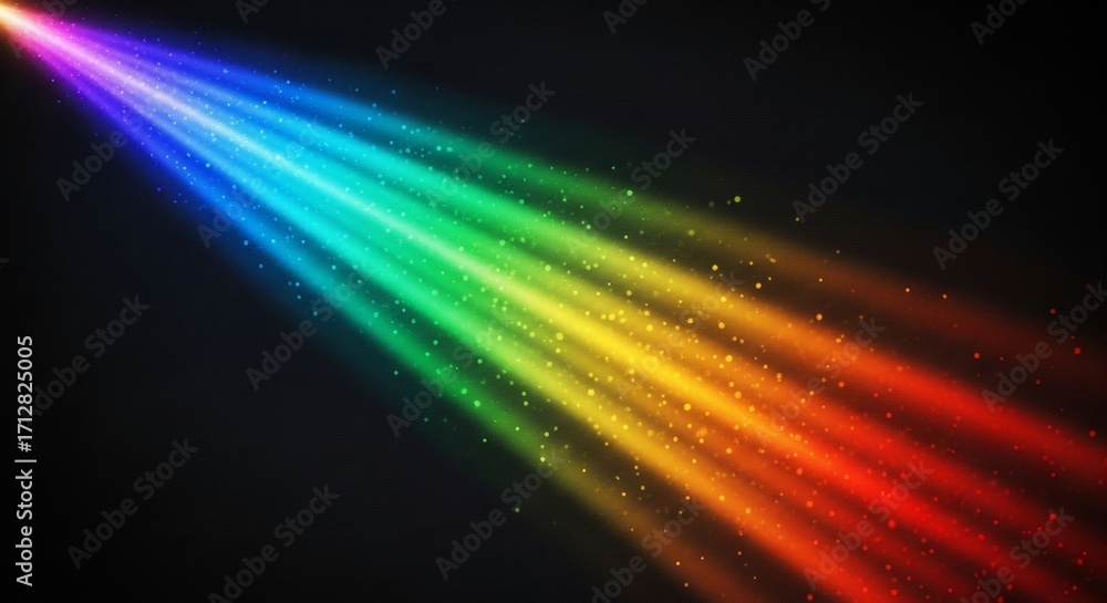 Obraz premium Vibrant rainbow light beams with sparkling particles illuminate a dark background, creating a magical and dynamic visual effect perfect for celebrations and abstract designs.