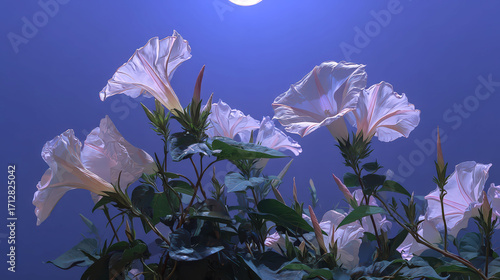 A group of white flowers are in a vase with a blue background. The flowers are in full bloom and the vase is placed on a table