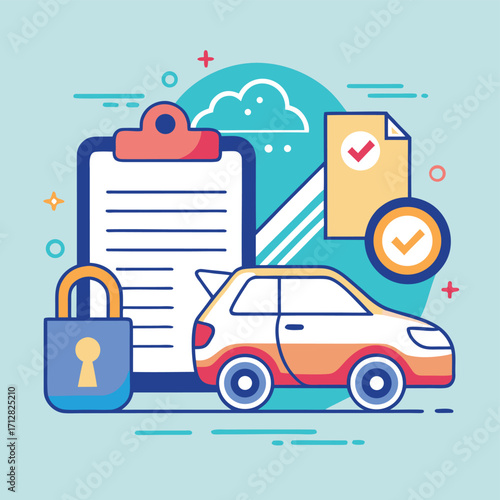Car Insurance Illustration — Minimal Line + Flat Vector (Green–Purple)