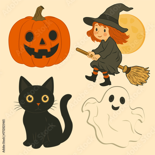  A little witch on a broomstick, a smiling pumpkin, a cute ghost, and an adorable black cat. Halloween collection