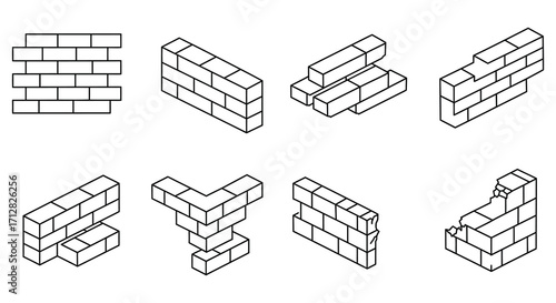 Isometric brick wall designs and construction elements in a technical illustration