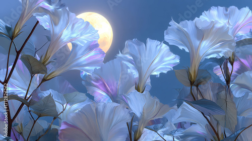A field of flowers with a full moon in the background. The flowers are white and the moon is bright