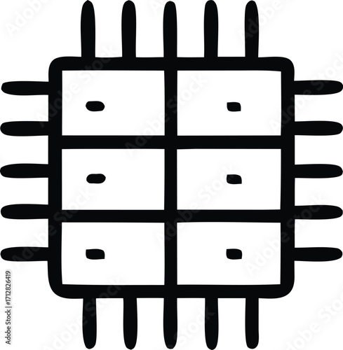 Simple hand-drawn icon representing a microchip or central processing unit with multiple pins digital technology concept