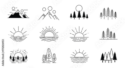 Minimalist line art illustrations of mountains suns and coniferous trees