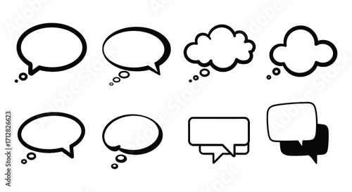 Collection of various black and white speech bubbles and thought balloons