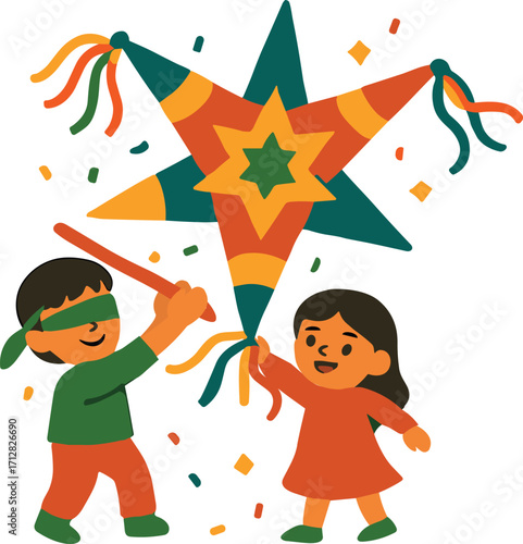 two children playing with a colorful star piñata, one blindfolded and holding a stick while the other guides, with confetti falling around them.