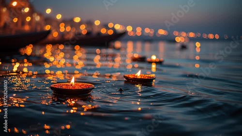 Floating Diyas on Water at Dusk for Ganga Dussehra