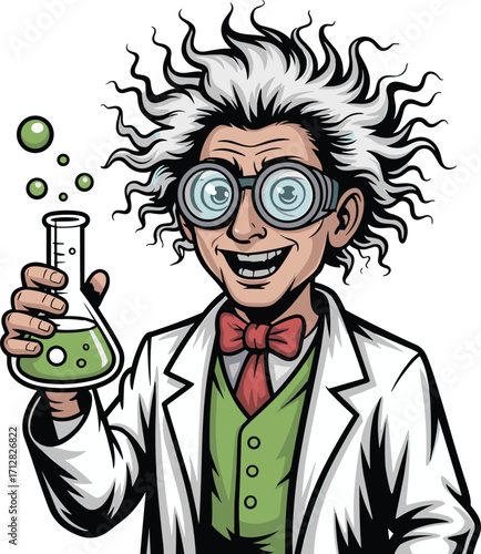 Mad scientist cartoon, crazy professor illustration, spooky laboratory character, funny science experiment, halloween scientist artwork, eccentric chemistry design, gothic horror clipart