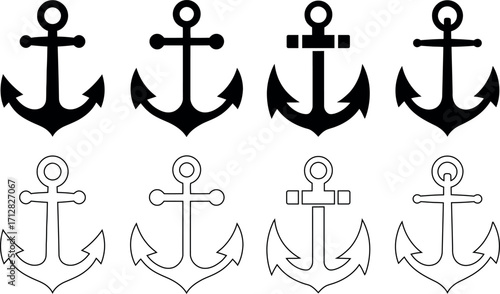 Set of Anchor Icons in Black and White Outline Vector Illustration