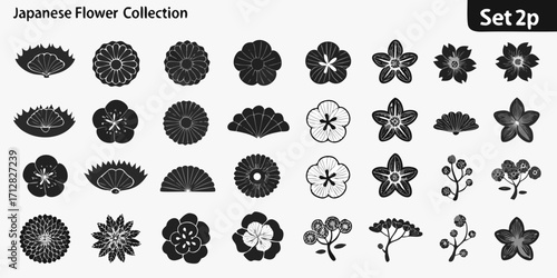 Collection of japanese floral motifs and decorative fan shapes in black and white set