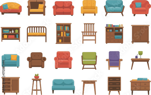 Assortment of colorful cartoon furniture icons on a white background Keywords: furniture, sofa, armchair, chair, table, cabinet, bookshelf, dresser