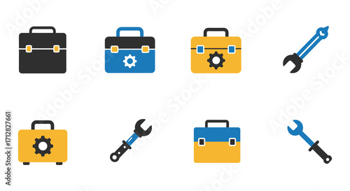Collection of toolboxes wrenches and a sword in flat icon style