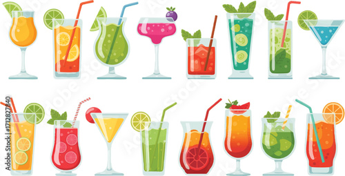 Assortment of Colorful Cocktails and Drinks with Garnishes and Straws Keywords: cocktail, drink, beverage, alcohol, refreshment, glass, garnish, lime