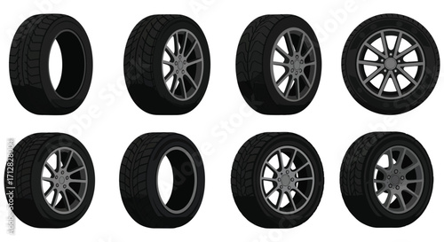 Six automotive tires displayed in various arrangements tires and rims