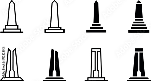 Set of monument icons depicting memorials and historical landmarks isolated