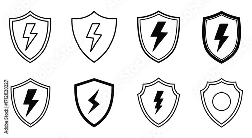 Black and white shield icons with lightning bolt designs displayed