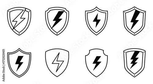 Collection of black and white shield icons with lightning bolt designs