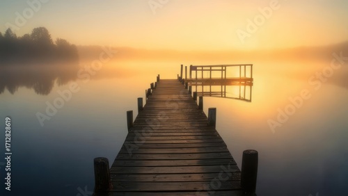 Sunrise over tranquil lake with wooden pier
