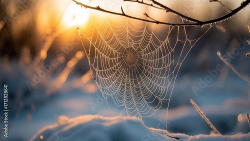 Sunrise spiderweb on snow