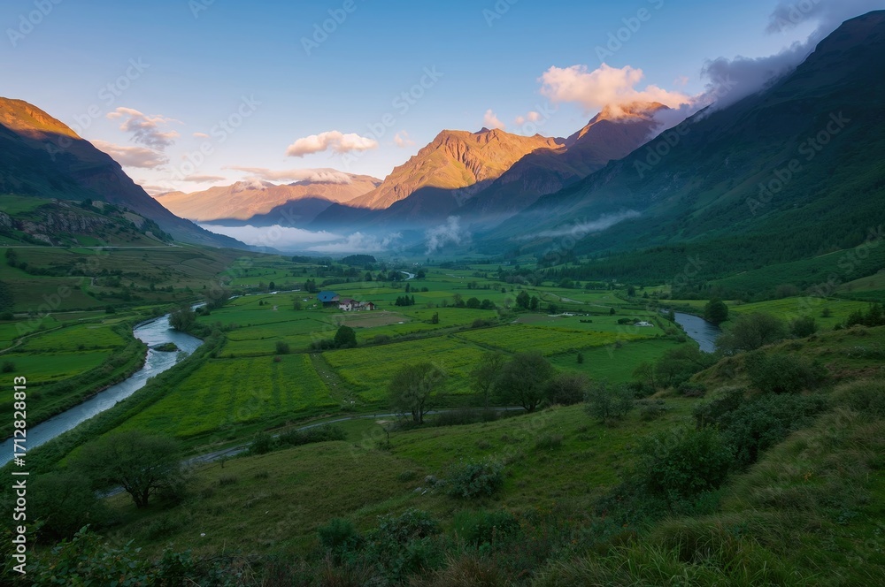Fototapeta premium Serene Morning Scene with Mountain Views