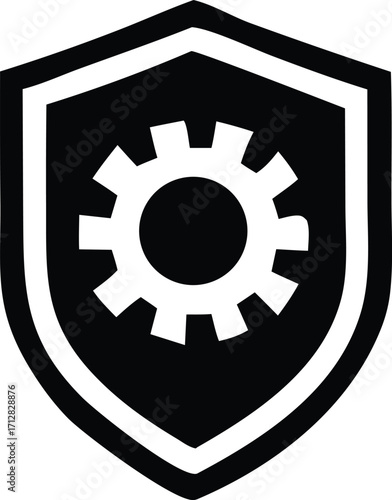 Industrial security symbol shield with gear cog inside modern clean graphic icon representing safety and engineering operations