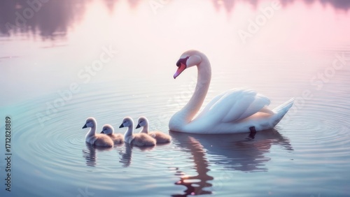 Swan family on a serene lake at dawn
