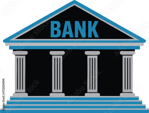 Classic bank building with columns and the word BANK in blue letters Keywords: bank, building, finance, financial institution, architecture