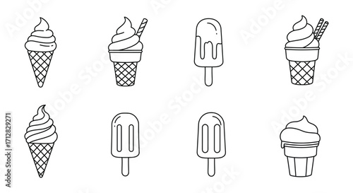 Black and white outline drawing of various frozen dessert treats