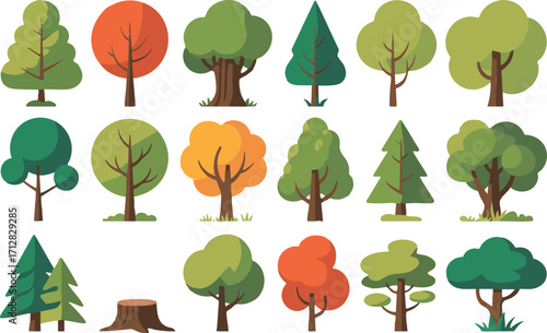 Collection of Fifteen Cartoon Trees in Different Shapes Sizes and Colors with a Tree Stump Keywords: tree, trees, cartoon, illustration, nature
