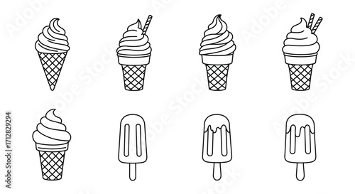 Black and white line art illustration of various frozen dessert treats