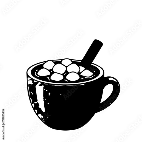 Black and White Illustration of a Hot Chocolate Cup with Marshmallows and Cinnamon Stick.