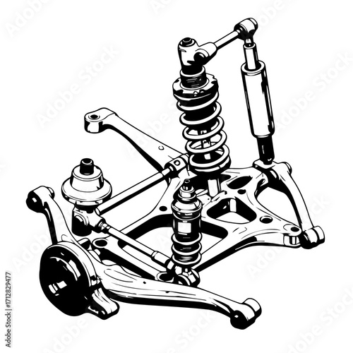 Detailed Black and White Illustration of a Car Suspension System Assembly 1.