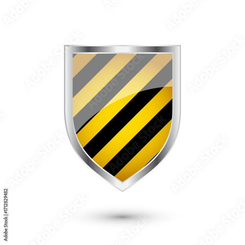 Glossy shield with yellow and black pattern. Security and protection concept. Cyber safety icons, internet privacy, web defense, digital data protection and antivirus themes. Vector illustration
