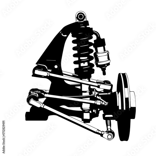 Detailed Black and White Illustration of a Car Suspension System Assembly.