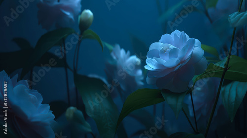 A close up of a field of white flowers with a blue sky in the background. The flowers are in full bloom and the sky is clear and blue