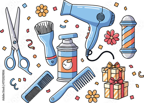 Playful Line Art Cartoon Barber Shop Icons with Seasonal Props.