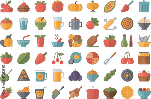 Diverse Collection of Food and Cooking Icons in Flat Design Keywords: food, cooking, icons, flat design, fruits, vegetables, meals, dishes