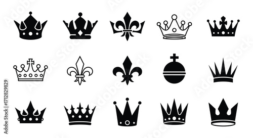 A collection of ornate black crown and royal emblem silhouettes