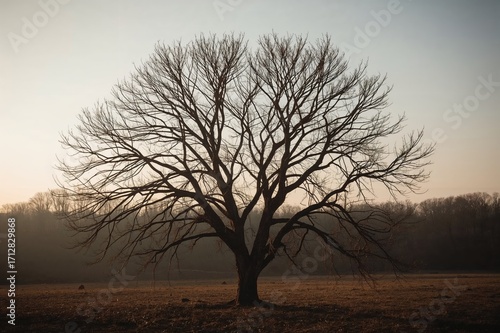 Silhouetted leafless tree with enigmatic branches symbolizing a memorial ritual.