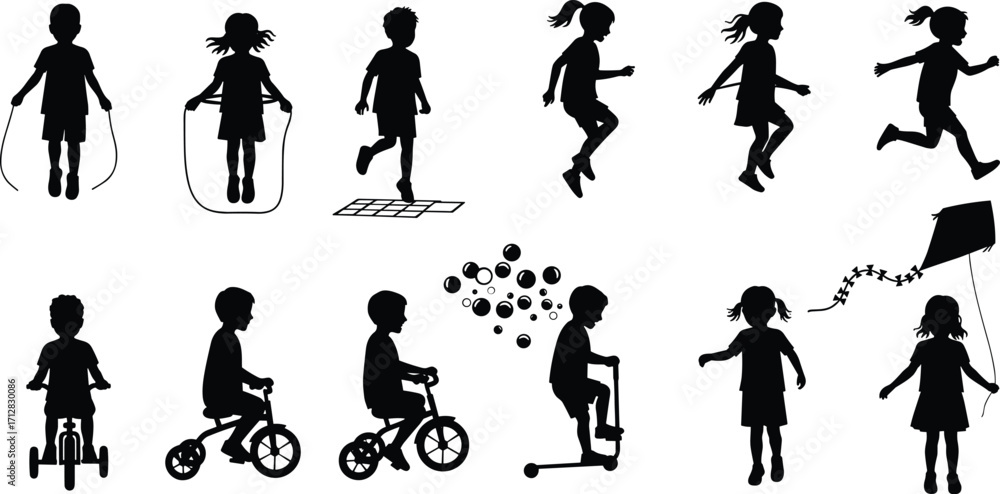 Naklejka premium Silhouette of Children Playing Outdoors, Jumping, Skipping, Biking, Running, Flying Kites, Having Fun, Childhood Activities, Healthy Outdoor Play