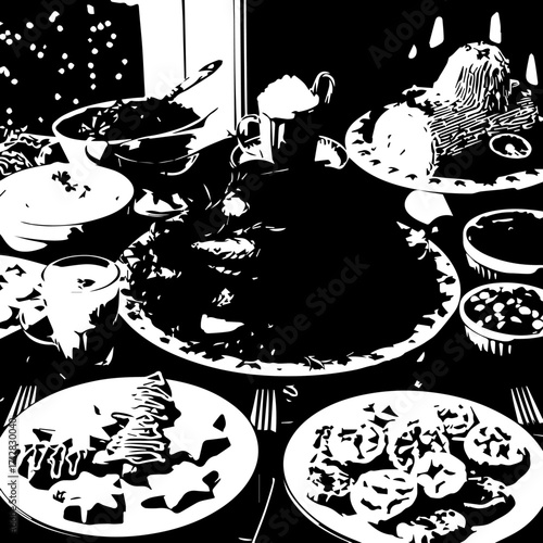 Highcontrast black and white graphic illustration of a festive holiday dessert table with cookies and cakes.