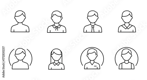 Simple line art of eight different user profile icons in black and white
