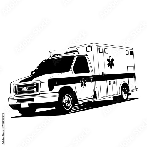 Detailed Black and White Illustration of a Modern Emergency Ambulance Vehicle.