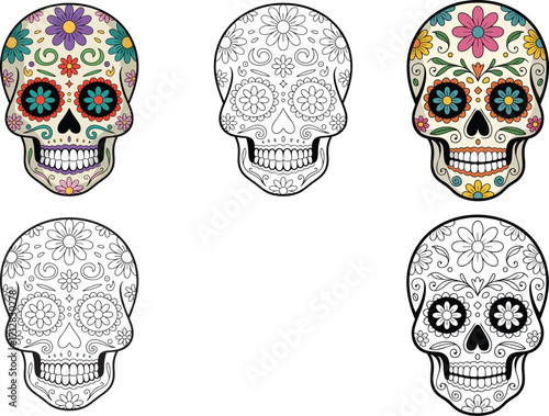 Mexican skulls Six set. Simple line drawing of a sugar Eight skull, Mexican skulls set. Vector illustration. Dia de los muertos shugar colorful heads.