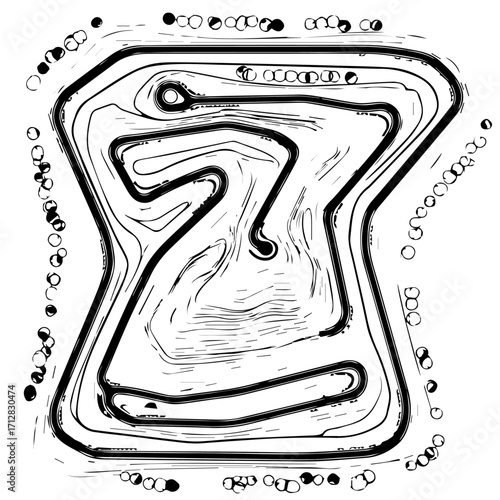 Detailed Black and White Illustration of a Race Track Circuit Design.