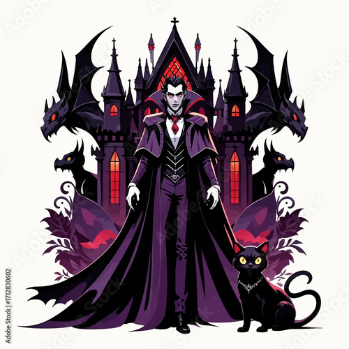 A regal vampire stands before his gothic castle with a black cat and demonic creatures.