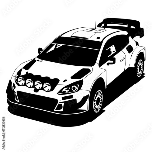 Detailed Black and White Illustration of a Rally Racing Car with Spoiler 1.