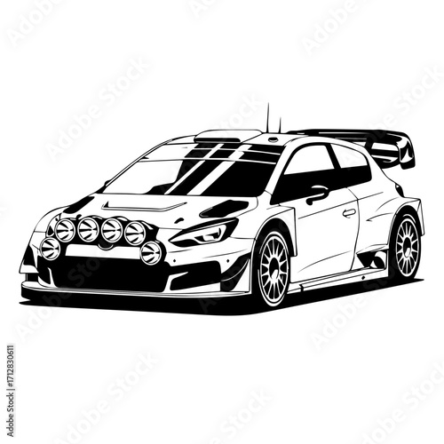 Detailed Black and White Illustration of a Rally Racing Car with Spoiler.