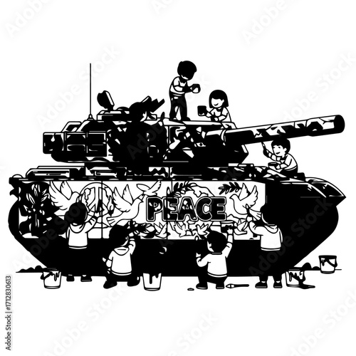 Black and White Illustration of a Tank Decorated with Peace Symbols and Children Painting.